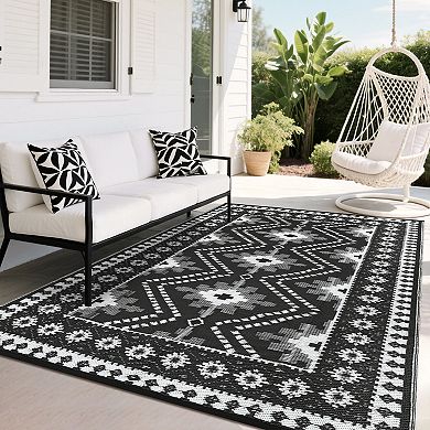 Waterproof Reversible Outdoor Rug Vintage Diamond Plastic Straw Mat Durable Easy Clean Carpet