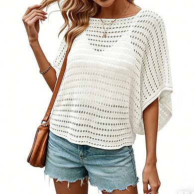 Women's Crochet Knit Dolman Sleeve Top Loose Fit Openwork Boat Neck Blouse