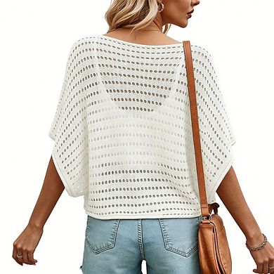 Women's Crochet Knit Dolman Sleeve Top Loose Fit Openwork Boat Neck Blouse