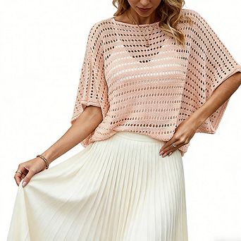 Women's Crochet Knit Dolman Sleeve Top Loose Fit Openwork Boat Neck Blouse