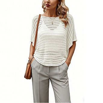 Women's Crochet Knit Dolman Sleeve Top Loose Fit Openwork Boat Neck Blouse