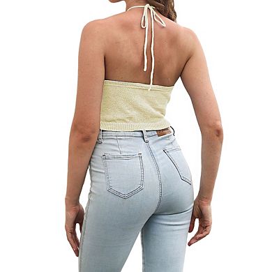 Women's Crochet Knit Halter Crop Top Scalloped Open Back Tie Fitted Vest