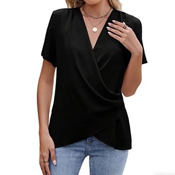 Women's V Neck Wrap Blouse Short Sleeve Summer Casual Tunic Top