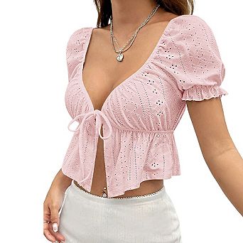 Women's V Neck Tie Front Eyelet Puff Sleeves Square Back Crop Top