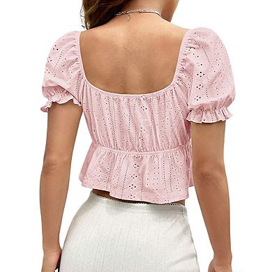 Women's V Neck Tie Front Eyelet Puff Sleeves Square Back Crop Top