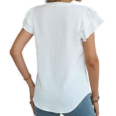 Women's Ruffle Short Sleeve Blouse Summer V Neck Casual Top