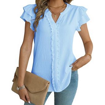 Women's Ruffle Short Sleeve Blouse Summer V Neck Casual Top