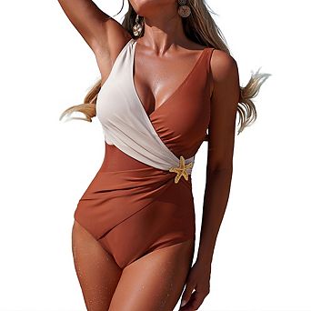 Women One Piece Swimsuit with Starfish Tummy Control Wrap Bathing Suit with Lace-Up Back