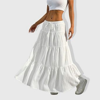 Women's Elastic Waist A-Line Maxi Skirt, Tie Front Casual Long Skirt with Flowy Silhouette