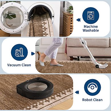 Bordered Machine Washable Rug Low-Pile Non-Slip Stain Resistant Soft Carpet Foldable Floor Cover