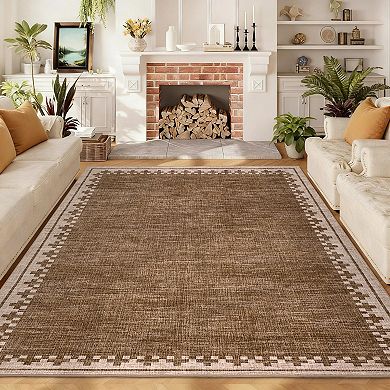 Bordered Machine Washable Rug Low-Pile Non-Slip Stain Resistant Soft Carpet Foldable Floor Cover