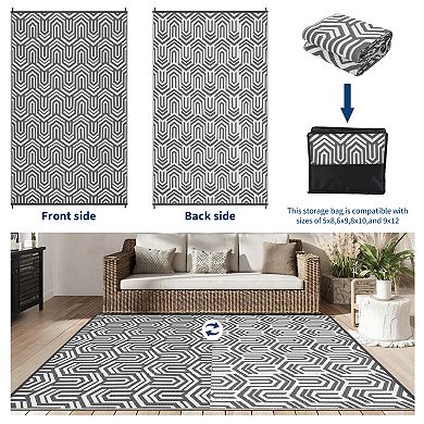 Reversible Collapsible Outdoor Plastic Area Rug - Modern Abstract Low-Pile Carpet, Easy Clean Mat