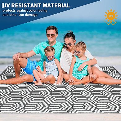 Reversible Collapsible Outdoor Plastic Area Rug - Modern Abstract Low-Pile Carpet, Easy Clean Mat