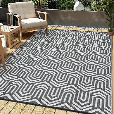 Reversible Collapsible Outdoor Plastic Area Rug - Modern Abstract Low-Pile Carpet, Easy Clean Mat