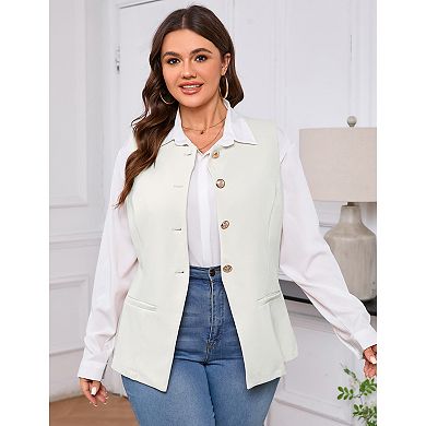 Women Plus Size Sleeveless Blazer Vest Button Front Work Suit Waistcoat