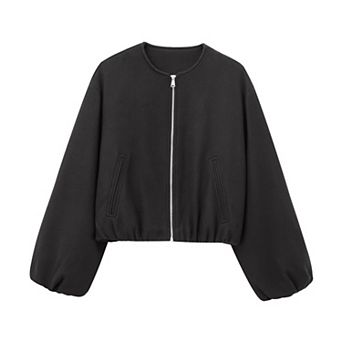 Women Oversized Cropped Bomber Jacket Lantern Sleeve Zip-Up Coat Casual Loose Fit Outerwear