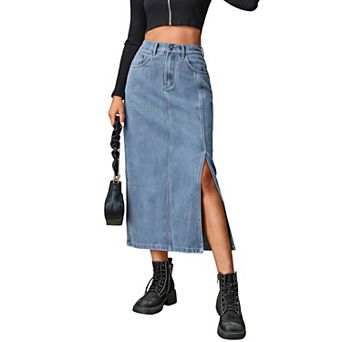 Women's Denim Midi Skirt Elastic Waist Slit Hem Casual Jean Skirt