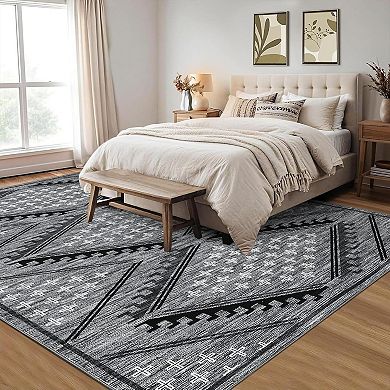 Washable Area Rugs Boho Geometric Large Rug for Bedroom Low Pile Soft Non-Slip Throw Mat
