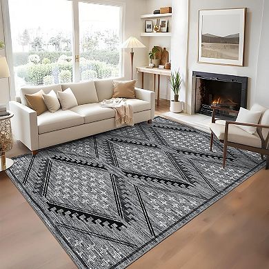 Washable Area Rugs Boho Geometric Large Rug for Bedroom Low Pile Soft Non-Slip Throw Mat