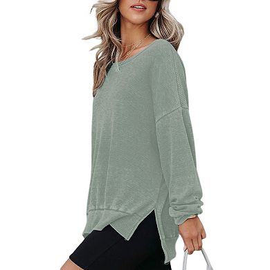 Womens Oversized Waffle Knit Crewneck Sweatshirts Long Sleeve Side Slits Casual Pullover Tops