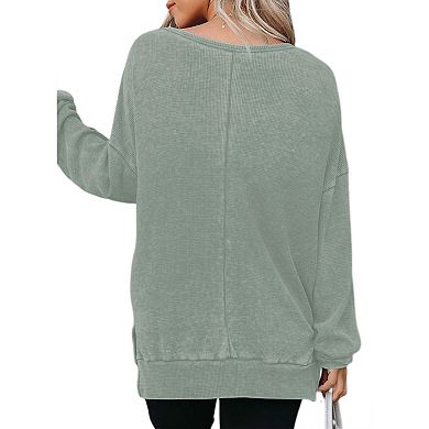 Womens Oversized Waffle Knit Crewneck Sweatshirts Long Sleeve Side Slits Casual Pullover Tops
