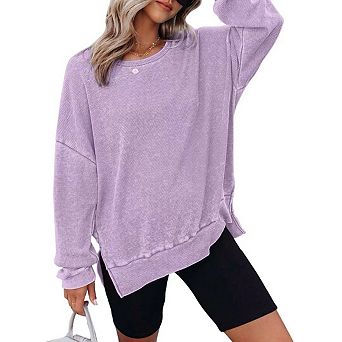 Womens Oversized Waffle Knit Crewneck Sweatshirts Long Sleeve Side Slits Casual Pullover Tops
