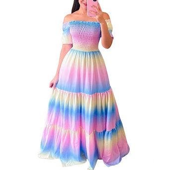 Women Off Shoulder Rainbow Gradient Maxi Dress Smocked Tiered Ruffle Long Dress