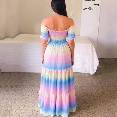 Women Off Shoulder Rainbow Gradient Maxi Dress Smocked Tiered Ruffle Long Dress