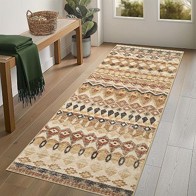 Washable Distressed Geometric Hallway Rug, Non-Slip Low Pile Runner, Foldable Non-Shedding Carpet