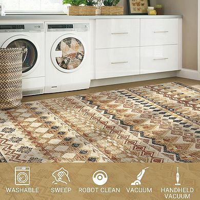 Washable Distressed Geometric Hallway Rug, Non-Slip Low Pile Runner, Foldable Non-Shedding Carpet