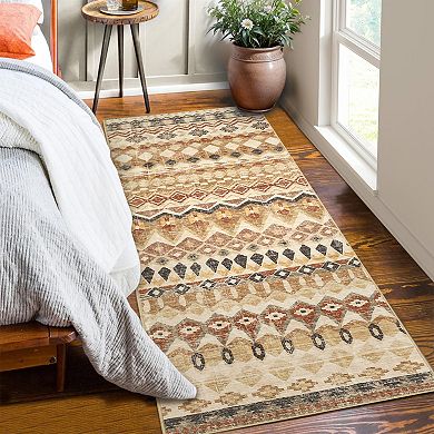 Washable Distressed Geometric Hallway Rug, Non-Slip Low Pile Runner, Foldable Non-Shedding Carpet