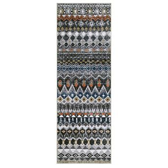 Washable Distressed Geometric Hallway Rug, Non-Slip Low Pile Runner, Foldable Non-Shedding Carpet