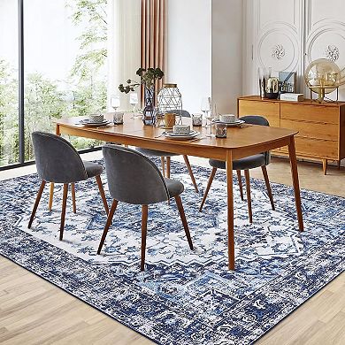 Washable Vintage Rug, Non-Slip Low Pile Throw Soft Rugs with Rubber Backing