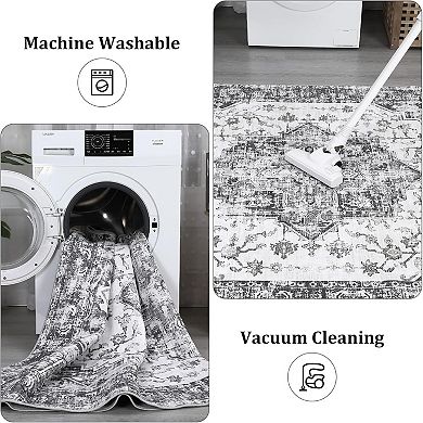 Washable Vintage Rug, Non-Slip Low Pile Throw Soft Rugs with Rubber Backing