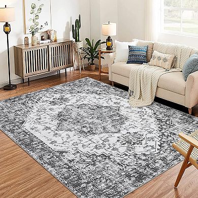 Washable Vintage Rug, Non-Slip Low Pile Throw Soft Rugs with Rubber Backing
