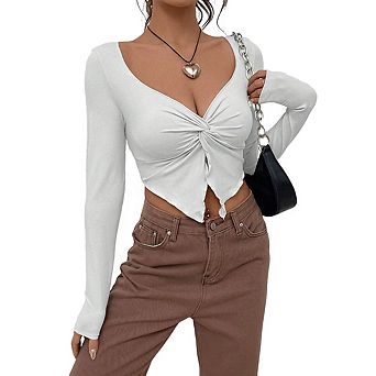 Women's Long Sleeve Deep V Neck Twist Fitted Front Casual Crop Top