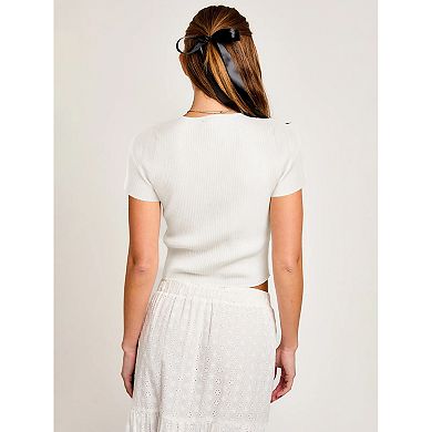 Women's Summer Crop Top Ribbed Slim Fit Tee Bow Knot Tie Front Short Sleeve Shirt Tops