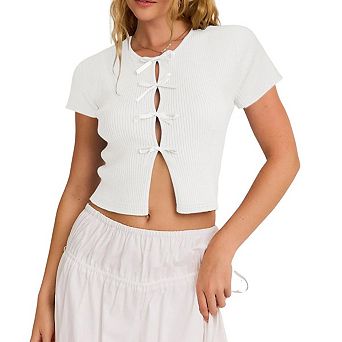 Women's Summer Crop Top Ribbed Slim Fit Tee Bow Knot Tie Front Short Sleeve Shirt Tops