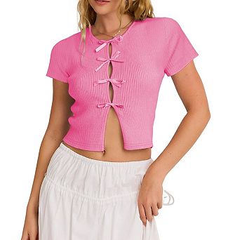 Women's Summer Crop Top Ribbed Slim Fit Tee Bow Knot Tie Front Short Sleeve Shirt Tops