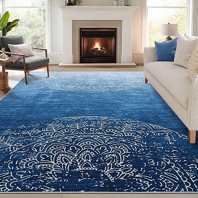 Washable Abstract Area Rug, Stain Resistant Semicircular Floral Carpet with Non-Slip Backing