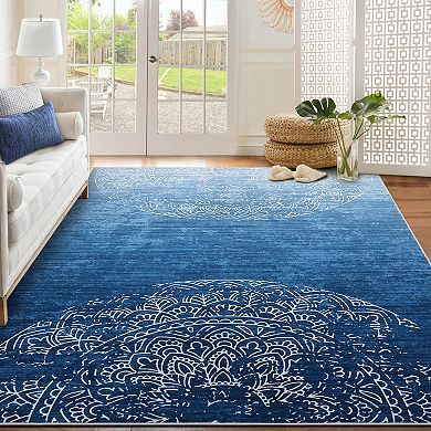Washable Abstract Area Rug, Stain Resistant Semicircular Floral Carpet with Non-Slip Backing