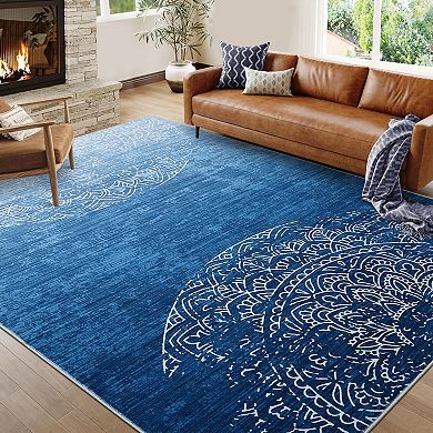 Washable Abstract Area Rug, Stain Resistant Semicircular Floral Carpet with Non-Slip Backing