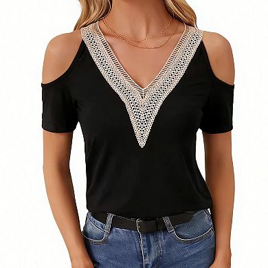 Women's Cold Shoulder V Neck Lace Trim T Shirt Short Sleeve Casual ...