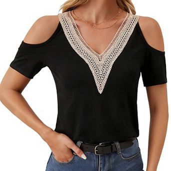 Women's Cold Shoulder V Neck Lace Trim T Shirt Short Sleeve Casual Loose Top