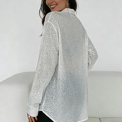 Women's Sequin Button Down Shirt Oversized Long Sleeve Sparkly Blouse with Collar, Glitter Party Top