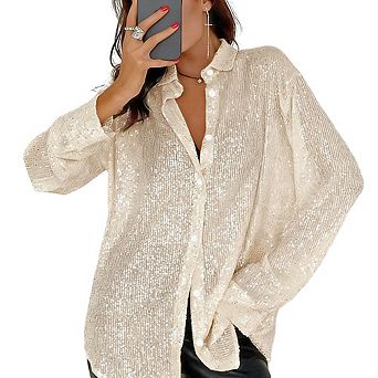 Women's Sequin Button Down Shirt Oversized Long Sleeve Sparkly Blouse with Collar, Glitter Party Top