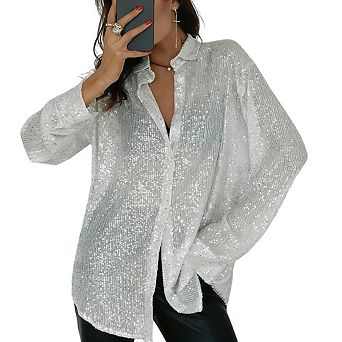Women's Sequin Button Down Shirt Oversized Long Sleeve Sparkly Blouse with Collar, Glitter Party Top