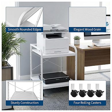 Under Desk Printer Stand with Wheels, 2-Tier Rolling Printer Cart with Storage Shelf