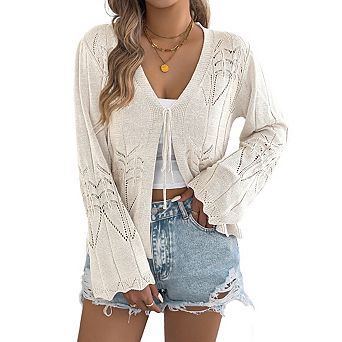 Women's V Neck Tie Front Open Knit Cardigan with Bell Sleeves and Scalloped Hem Tops
