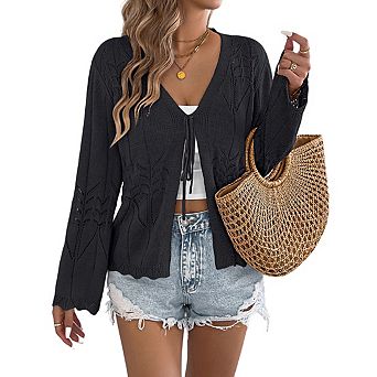Women's V Neck Tie Front Open Knit Cardigan with Bell Sleeves and Scalloped Hem Tops